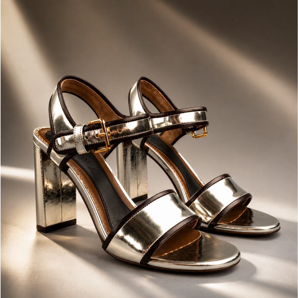 MARNI Silver Metallic Block Heel Sandal Ankle Strap Sz 36.5/US 6.5 $530
